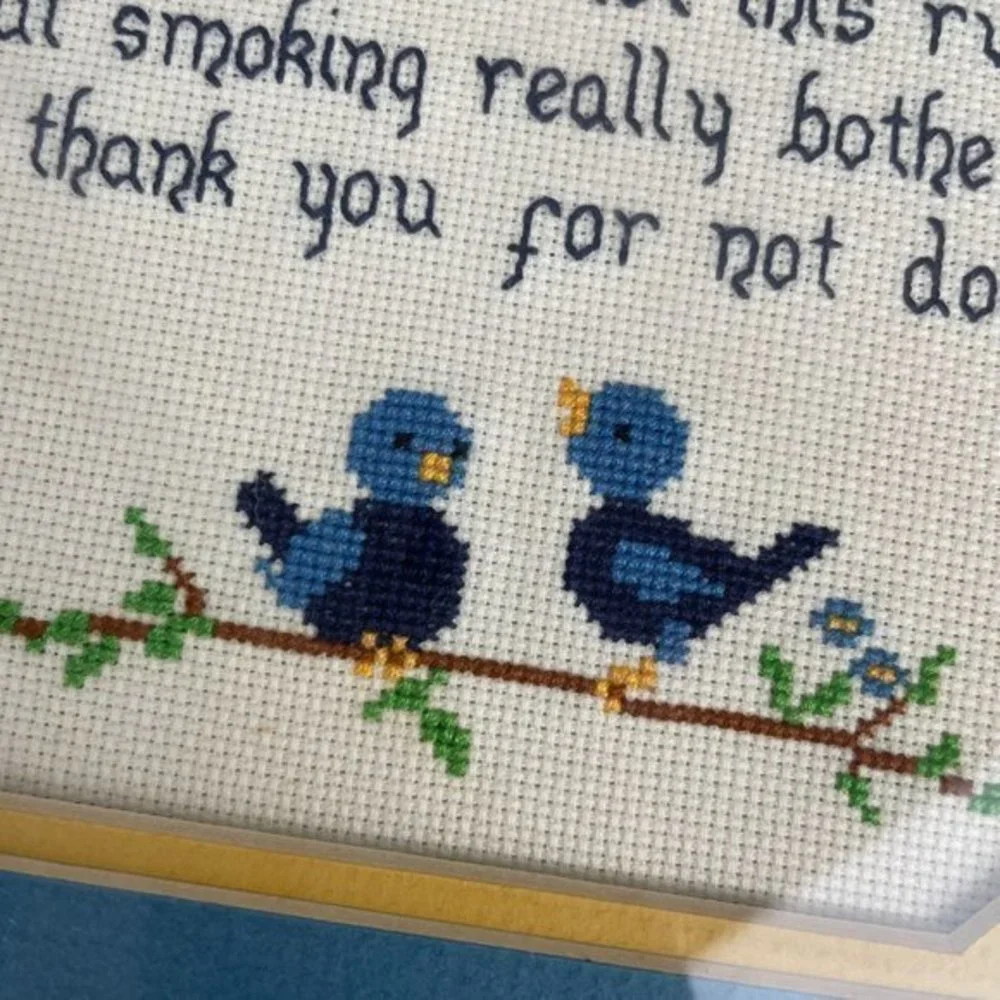 Finished Framed Cross‎ Stitch Anti-Smoking Blue Birds 10 x 10